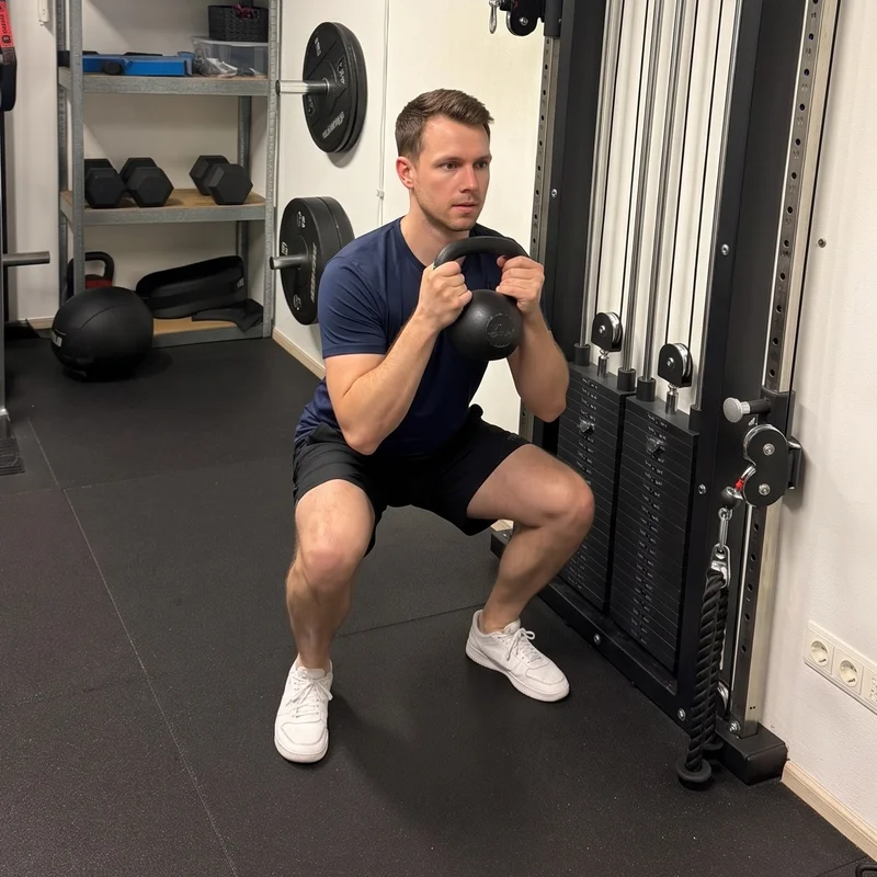 Egy vendég kettlebell-lel guggol